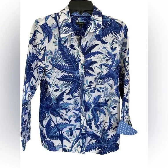 Talbots Cotton Blue & White Fern Print Button Down Shirt Polka Dot Cuff (Size S) - Picture 5 of 10
